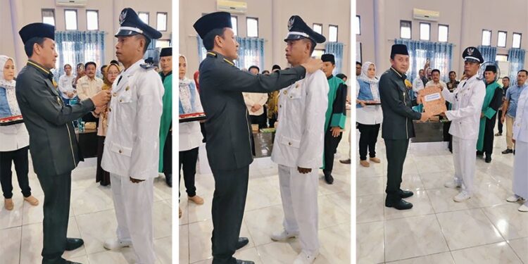 Foto : Penyematan secara simbolis Lencana Jabatan Kades Uemakuni (Sukiman) Oleh Bupati Ilham, S.H. pada Jumat (12/12/2025), bertempat di Gedung Auditorium Kantor Bupati Tojo Una-Una.