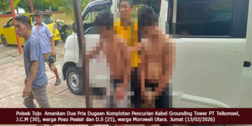 Polsek Tojo Amankan Dua Pria Dugaan Komplotan Pencurian Kabel Grounding Tower PT Telkomsel, J.C.M (30), warga Poso Pesisir dan D.S (25), warga Morowali Utara. Jumat (13/02/2026)