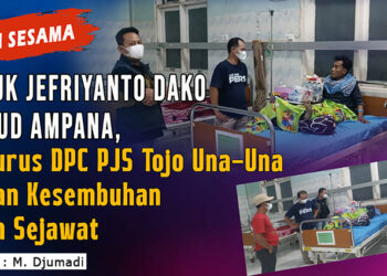 Jajaran pengurus Dewan Pimpinan Cabang Pro Jurnalismedia Siber (DPC PJS) Kabupaten Tojo Una-Una menjenguk rekan wartawan lokal, Jefriyanto Dako, yang tengah menjalani perawatan inap di Rumah Sakit Umum Daerah (RSUD) Ampana, Minggu (27/9/2026) malam
