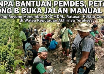 “Puluhan petani cengkih di Desa Dolong B, Kecamatan Walea Kepulauan, Kabupaten Tojo Una-Una, Sulawesi Tengah, tengah bergotong royong membuka jalan kantong produksi Topikan Jaya sepanjang tiga kilometer secara manual” Foto: Istimewa