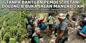 “Puluhan petani cengkih di Desa Dolong B, Kecamatan Walea Kepulauan, Kabupaten Tojo Una-Una, Sulawesi Tengah, tengah bergotong royong membuka jalan kantong produksi Topikan Jaya sepanjang tiga kilometer secara manual” Foto: Istimewa