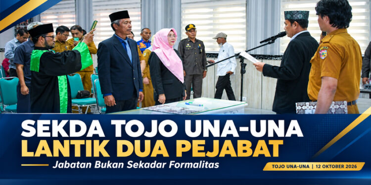 Foto : Prosesi pelantikan dan pengambilan sumpah jabatan dua pejabat baru di Ruang Rapat Bupati oleh Sekretaris Daerah Kabupaten Tojo Una-Una, Alfian Matajeng pada Senin (12 Oktober 2026).
